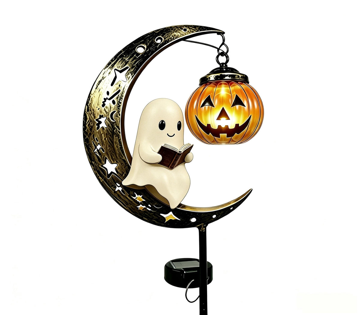 Solar Halloween Metal Moon Black Cat Garden Stake with LED Pumpkin Lantern, Light Up Star Bat Yard Decor Stake, Spooky Outdoor Lawn Pathway Halloween Decoration