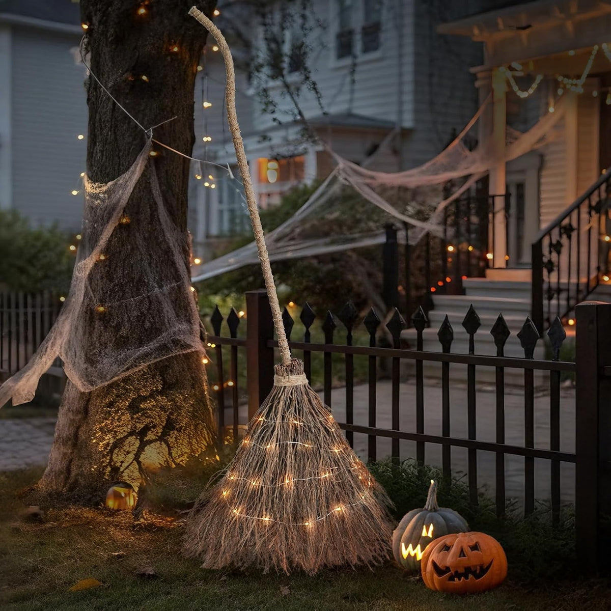 Halloween Decoration Indoor, 5.5 Ft Giant Light-Up Witches Broom, Rustic Halloween Decor for Porch, Yard, Front Door