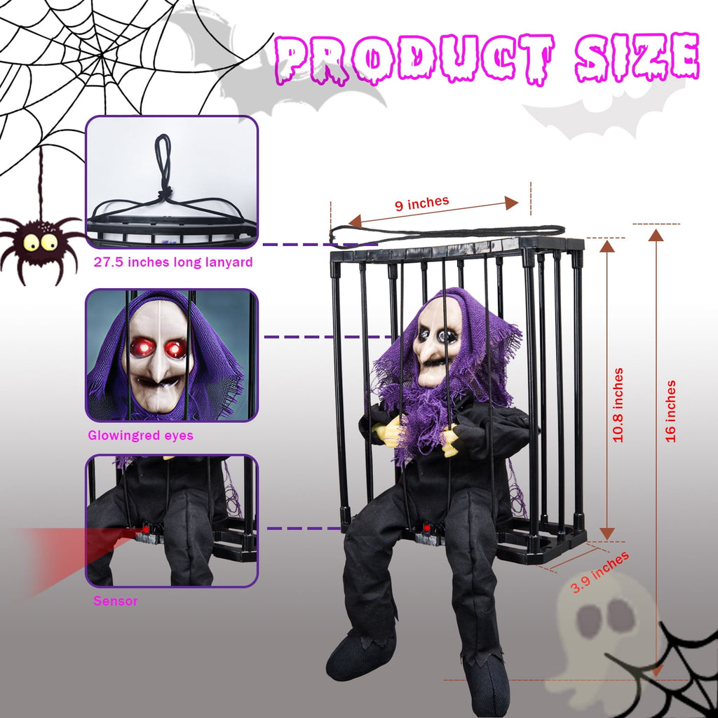 Magotan Screaming Animated Halloween Decorations, Outdoor Indoor Hanging Spooky Halloween Decoration, Scary Skull Cage with Motion Sensor