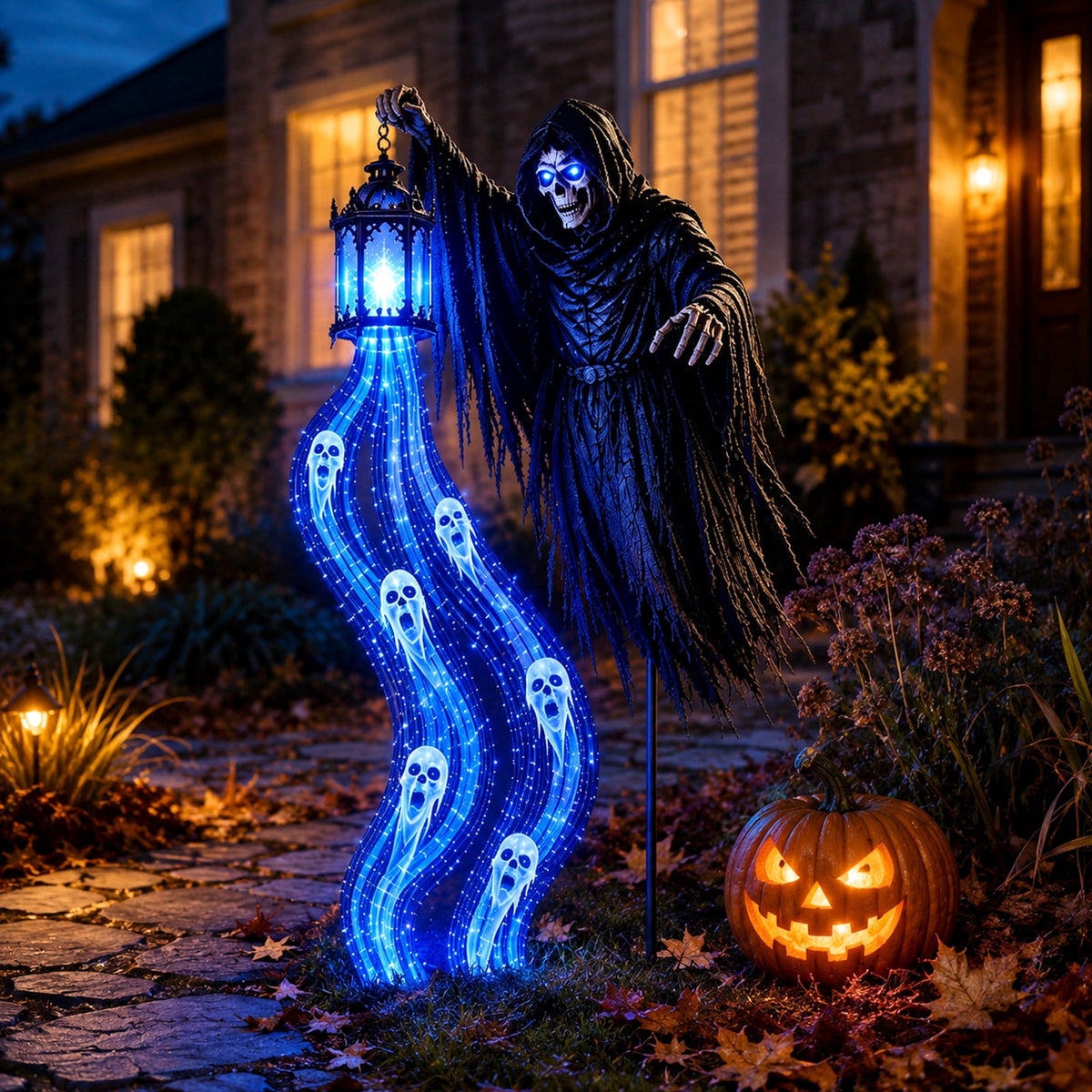 Halloween Soul Harvester Animated Solar Garden Stake Light, Outdoor Decors Flowing Blue Ghost Effect With Glowing Reaper Eyes And Lantern For Front Yard, Pathway, Porch Entrance And Graveyard Display