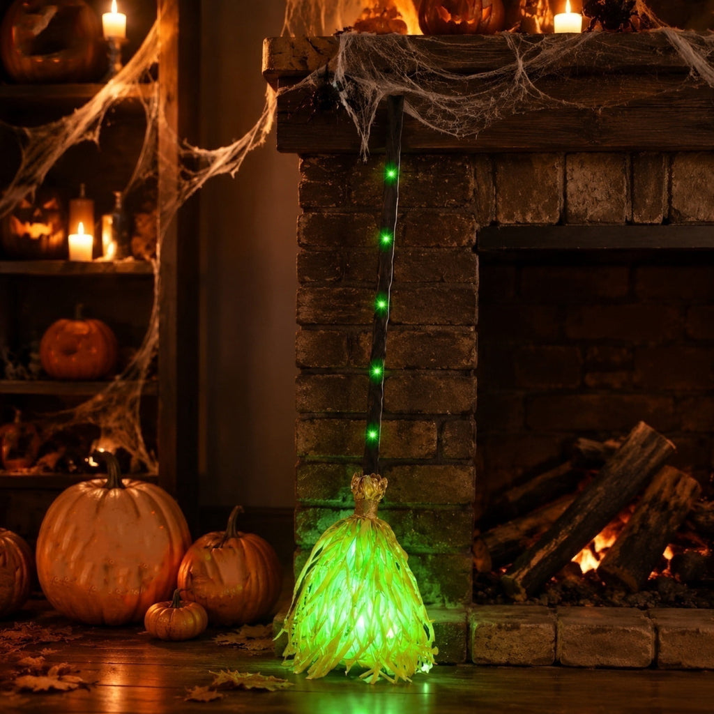 Light Up Animated Witch Broom with Sound, Dancing Magic Witch Broom Prop, Indoor Outdoor Halloween Decorations, Glowing Green LED Broom Ornament for Yard Haunted House Halloween Party Scene Decor