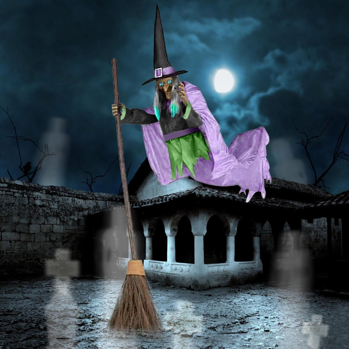 Animated Flying Witch Prop 70.86" - Light Up Sound Halloween Decoration with Broomstick for Indoor Outdoor Green