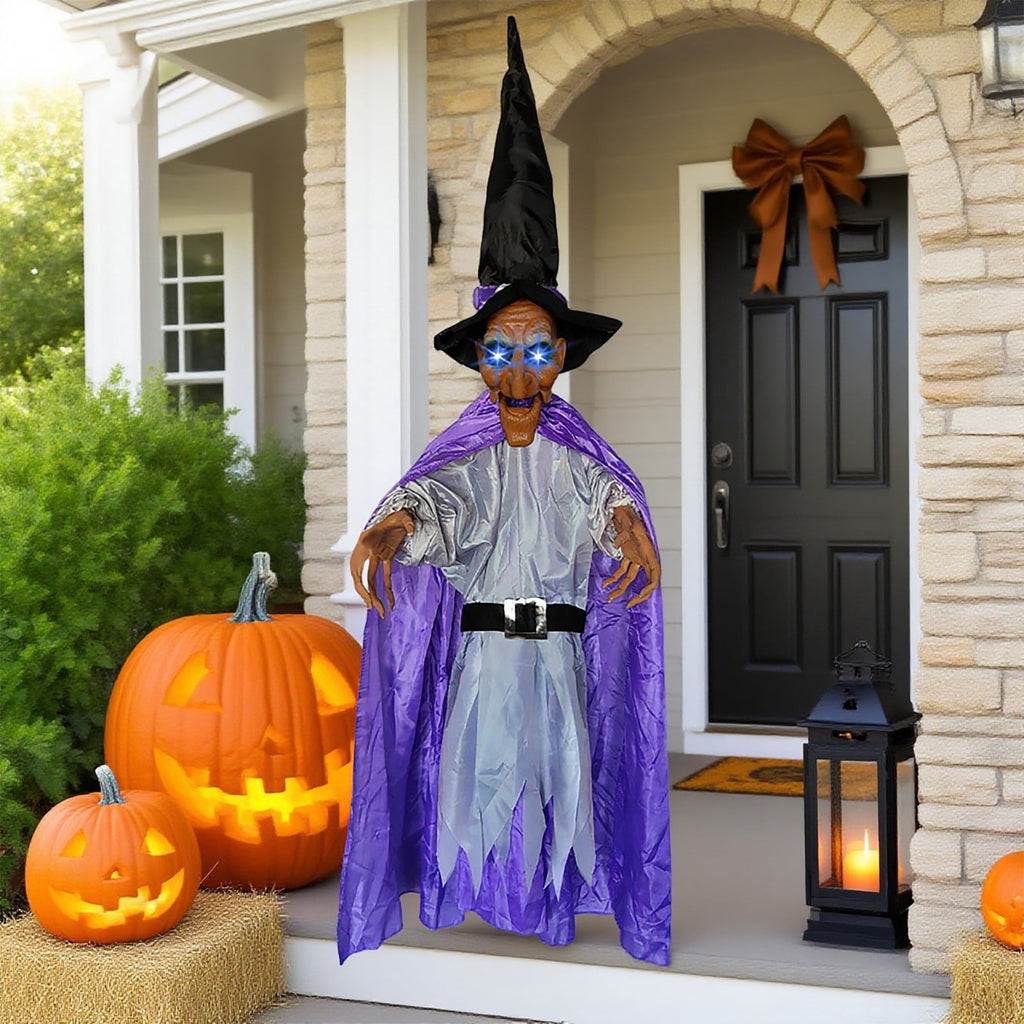 BinKFF Life Size Hanging Talking Witch - Animated Halloween Witch with Sound Activation and Red Eyes for Outdoor & Indoor Decor - Flying Animatronic Witch for Halloween Decorations