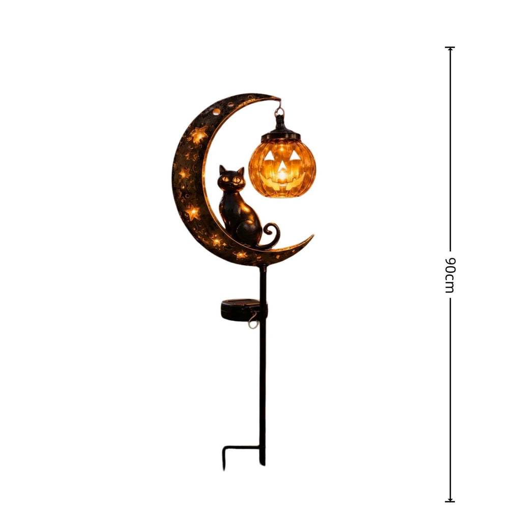 Solar Halloween Metal Moon Black Cat Garden Stake with LED Pumpkin Lantern, Light Up Star Bat Yard Decor Stake, Spooky Outdoor Lawn Pathway Halloween Decoration