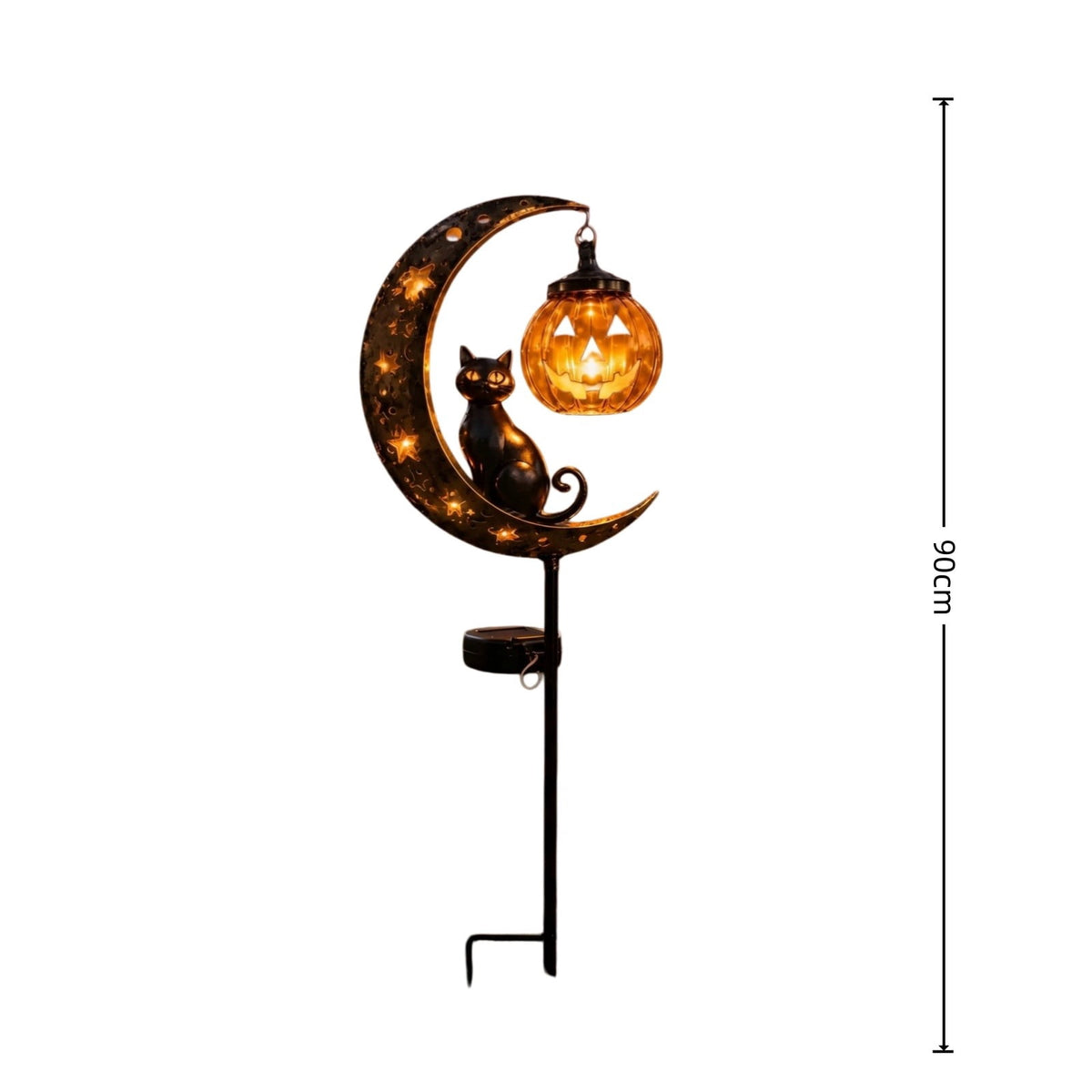 Solar Halloween Metal Moon Black Cat Garden Stake with LED Pumpkin Lantern, Light Up Star Bat Yard Decor Stake, Spooky Outdoor Lawn Pathway Halloween Decoration