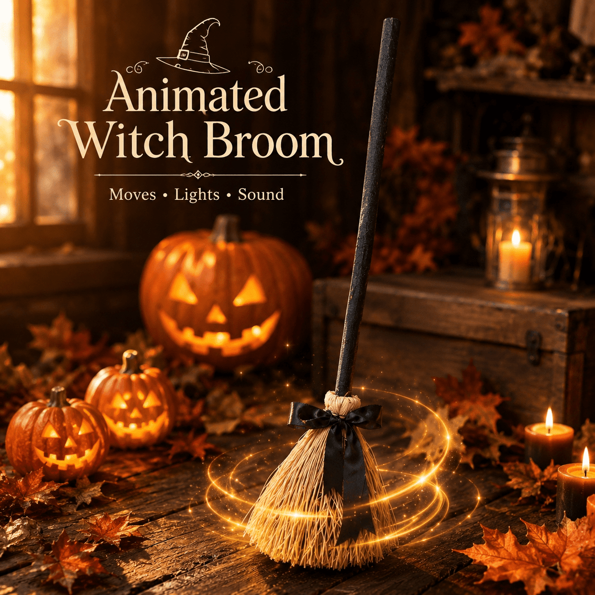Halloween Animated Light Up Witch Broom, 40 Inch Moving Halloween Broom Prop, Spooky Dancing Decor for Yard Haunted House Party