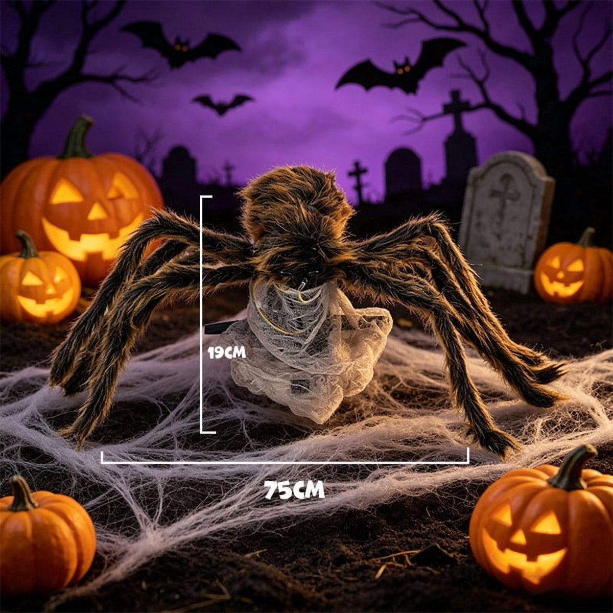 Animated Jumping Spider Prop, Fuzzy Halloween Decor With Light Sound, 35.4 in