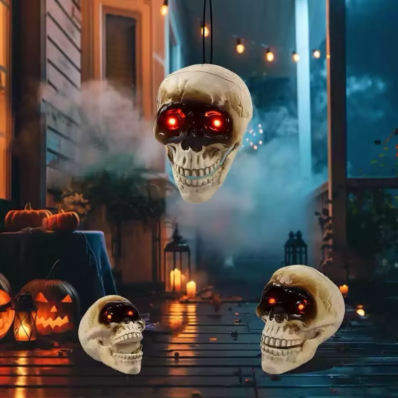 Halloween Animated Skull Head, Hanging Skeleton Head with Red Lighting Eyes Creepy Voice Scary Motion & Touch Sensor , Halloween Decor Prop for Indoor/Outdoor