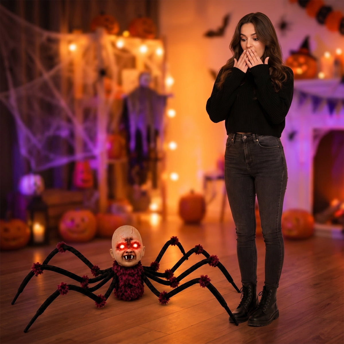 Halloween Animated Baby Head Spider Walking Toy Prop, Halloween Decorative Ornament