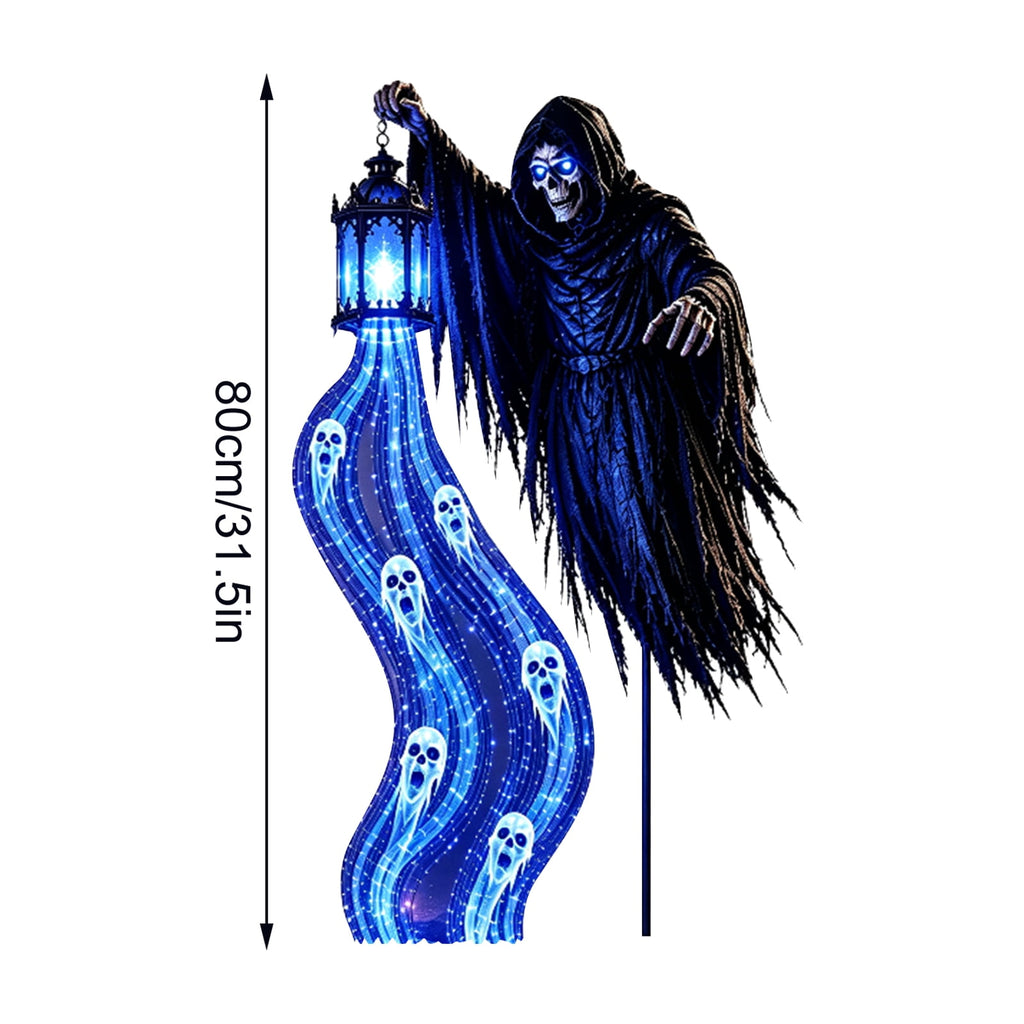 Halloween Soul Harvester Animated Garden Light, 31.5 In Solar Powered Flat Evil Skull Stake Light with Flowing Blue LED Ghost Effect, Waterproof Outdoor Decor for Lawn Yard Pathway Layout, 1Pc
