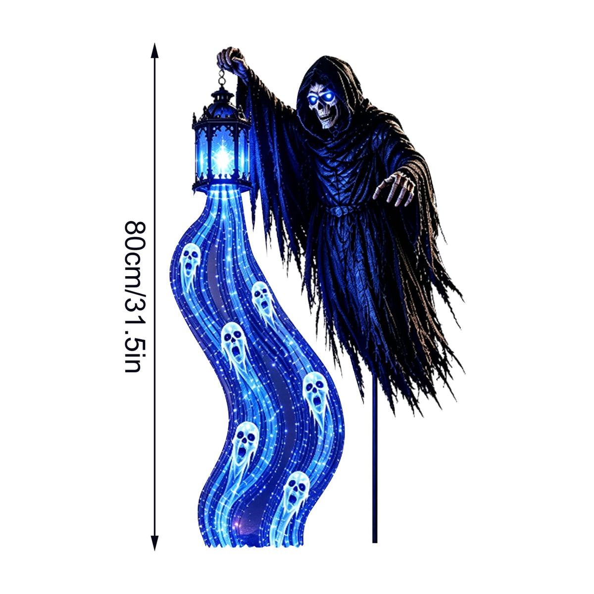 Halloween Soul Harvester Animated Garden Light, 31.5 In Solar Powered Flat Evil Skull Stake Light with Flowing Blue LED Ghost Effect, Waterproof Outdoor Decor for Lawn Yard Pathway Layout, 1Pc