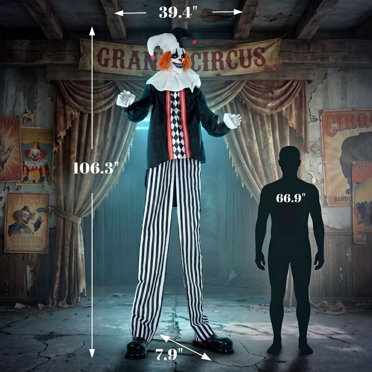 Halloween Animatronic Prop, 106.3 Inch Giant Animated Clown with Sound and Touch Activation, LED Eyes and Moving Arms for Indoor or Covered Outdoor Use