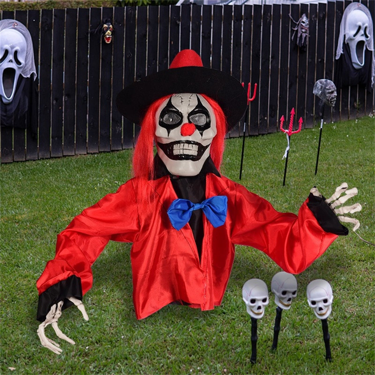 Halloween Animated Clown Groundbreaker Decoration, Horror Ghost Skeleton Yard Stake Prop, Haunted House Outdoor Lawn Garden Decor