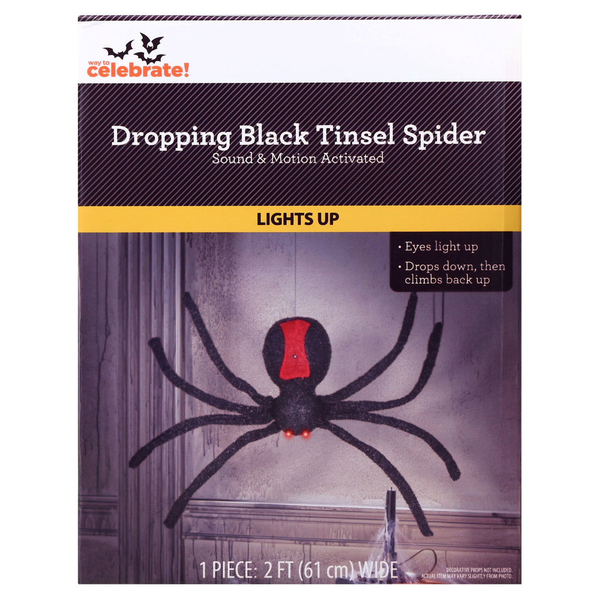 Light-Up Animated Dropping Tinsel Spider Decoration, Black and Red, 2', Halloween by Way To Celebrate