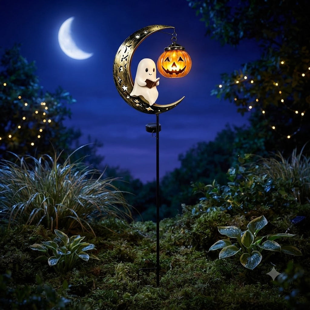 Solar Halloween Metal Moon Black Cat Garden Stake with LED Pumpkin Lantern, Light Up Star Bat Yard Decor Stake, Spooky Outdoor Lawn Pathway Halloween Decoration
