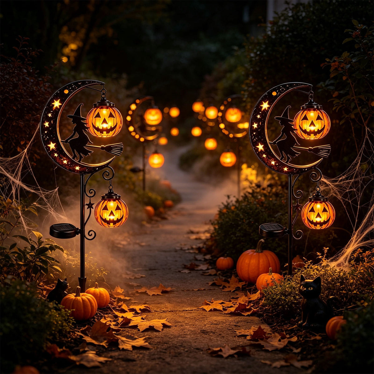 Solar Halloween Metal Moon Black Cat Garden Stake with LED Pumpkin Lantern, Light Up Star Bat Yard Decor Stake, Spooky Outdoor Lawn Pathway Halloween Decoration