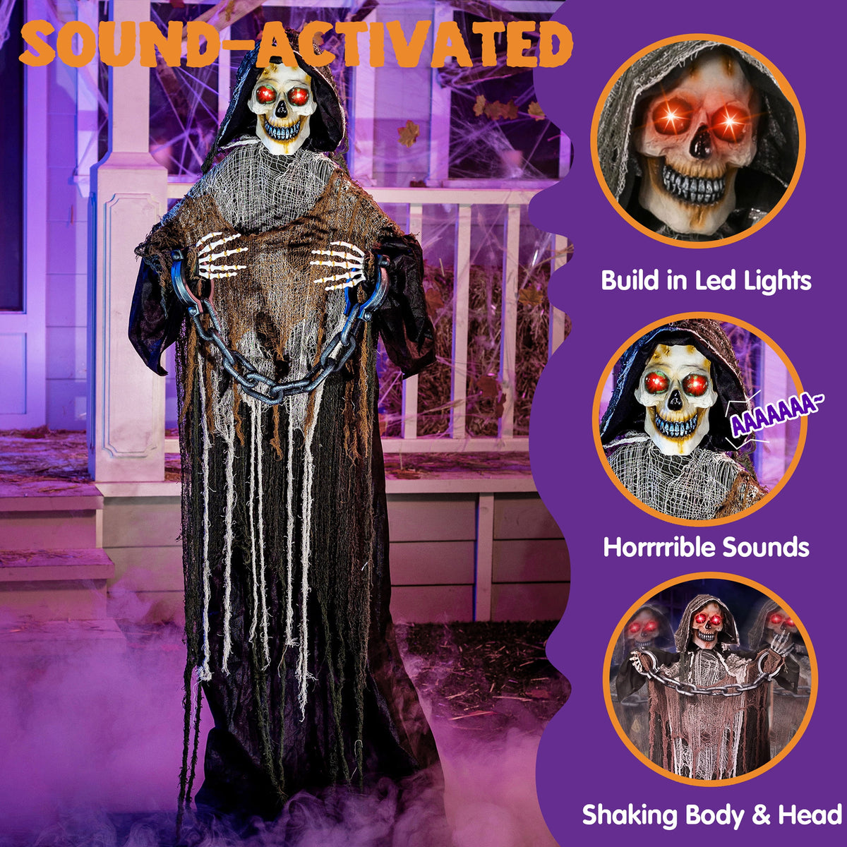 Joyfy 67"(5.6ft) Standing Ghost Large Halloween Decorations Outdoor, Sound-Actived Skeleton with Glowing Eyes & Creepy Sound, Scary Halloween Life Size Animatronics, Haunted House Props for Yard Lawn