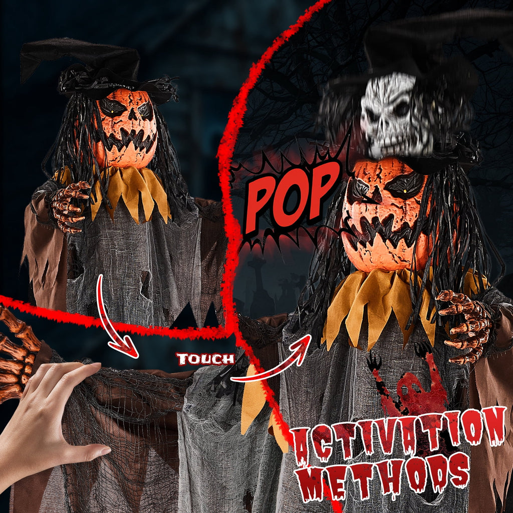 Ktaxon 6ft Pumpkin Man Animated Animatronic Decoration Creepy Halloween w/ Classic Cape Creepy Cloaked Jack-o'-Lantern for Porch & Yard