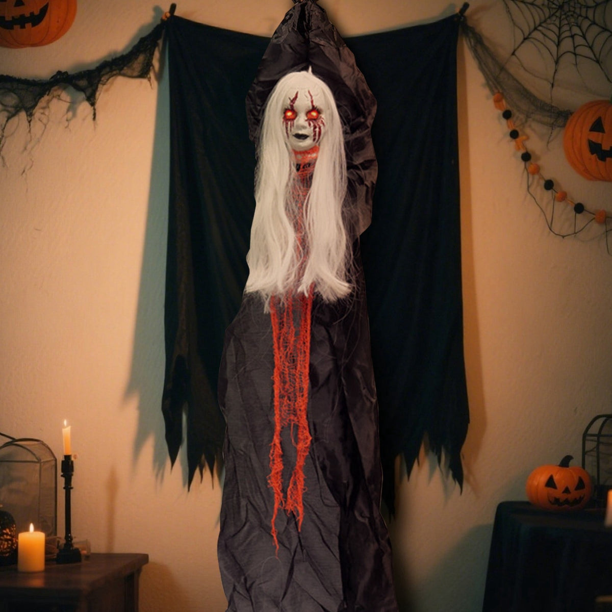 XHKUYI Animated Hanging Ghost 63 Inch, Glowing Red Eyes Ghost with Tattered Cloth Body Sensor Feature and Suspended Figure Shape, for Halloween Porch Yard Door Party Scene Decor