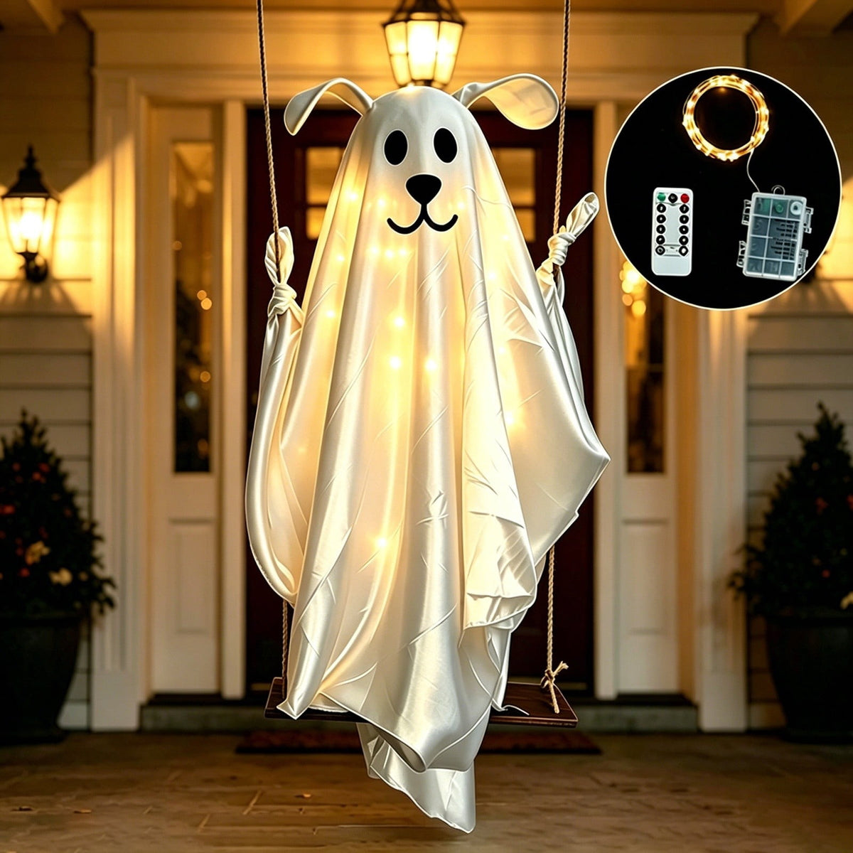 5FT Hanging Ghost Dog Halloween Prop,Swinging Ghost Dog,Animated Outdoor Decor with Motion-Activated Light & Sound for Yard Tree Porch Display