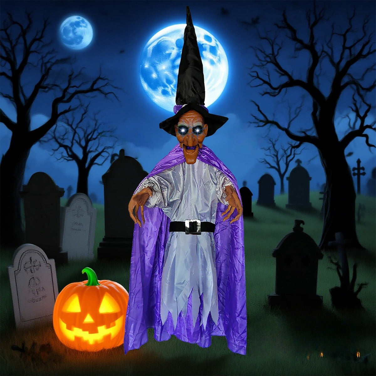 BinKFF Life Size Hanging Talking Witch - Animated Halloween Witch with Sound Activation and Red Eyes for Outdoor & Indoor Decor - Flying Animatronic Witch for Halloween Decorations