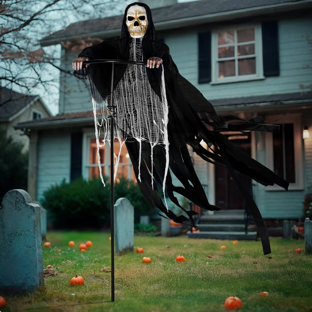 Joyfy 67"(5.6ft) Standing Ghost Large Halloween Decorations Outdoor, Sound-Actived Skeleton with Glowing Eyes & Creepy Sound, Scary Halloween Life Size Animatronics, Haunted House Props for Yard Lawn