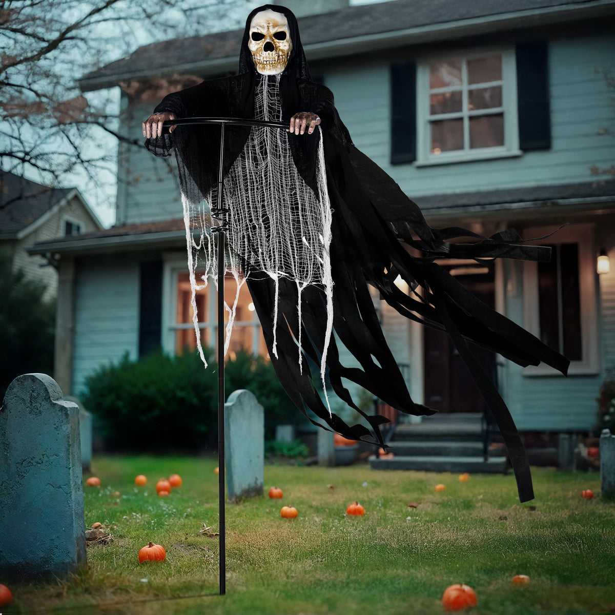 Joyfy 67"(5.6ft) Standing Ghost Large Halloween Decorations Outdoor, Sound-Actived Skeleton with Glowing Eyes & Creepy Sound, Scary Halloween Life Size Animatronics, Haunted House Props for Yard Lawn
