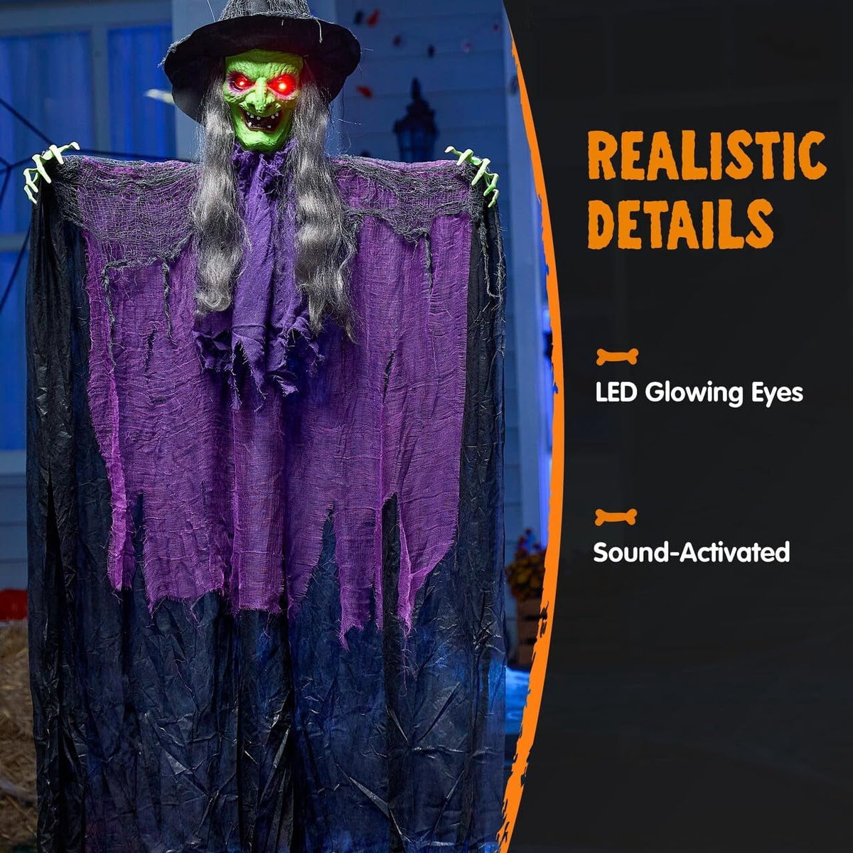 Joyfy 6ft Halloween Witch Decoration,Outdoor Scary Halloween Animatronic Hanging Witch with Light Up Eyes and Sound Decoration for Halloween Outdoor