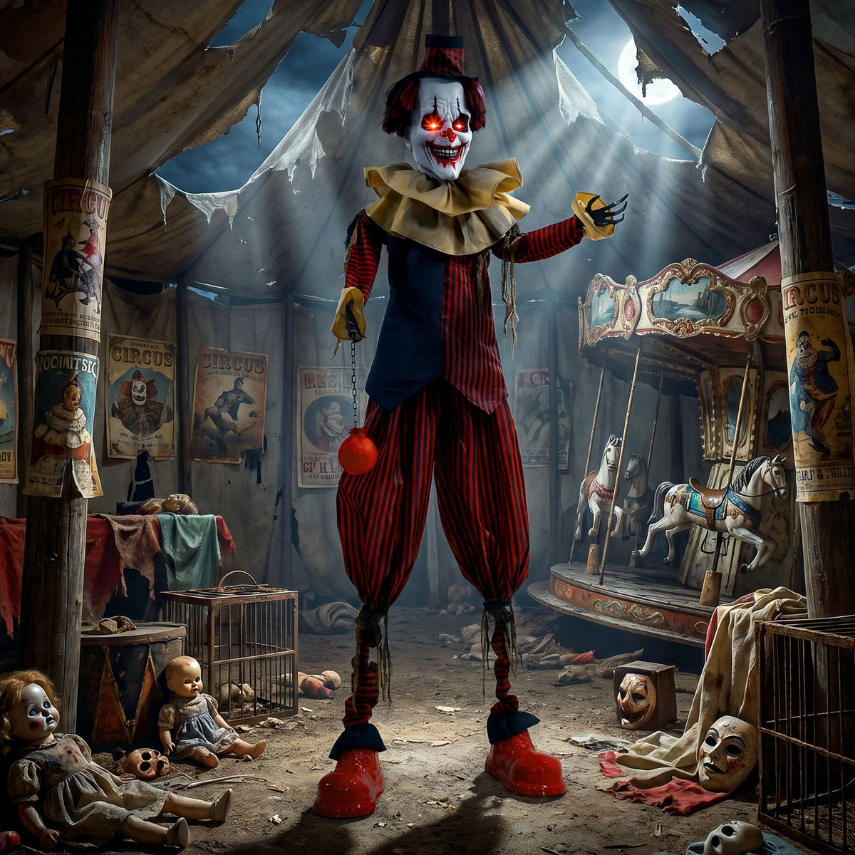Halloween Decoration Animated Clown, 94.5-Inch Sound and Touch Activated Prop with Red LED Eyes and Moving Arms for Indoor or Covered Outdoor Use