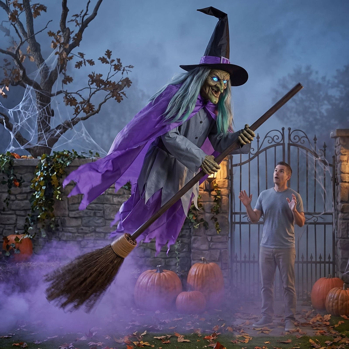 Voglyf Halloween Decorations Outdoor - 5.9 Ft Animated Hovering Witch Animatronics, Prop with Sound & Touch Activated Sensor - Spooky Scary Decor for Home Outside Garden Yard Lawn