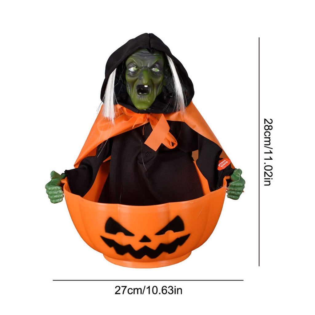Halloween Candy Bowl, Animated Skeleton Candy Dish with Motion Activated Screaming Witch, Light Up Red Eyes Sound, Festive Serving Bowl for Party, Table, Home Decorative Display, 11"x10.6"