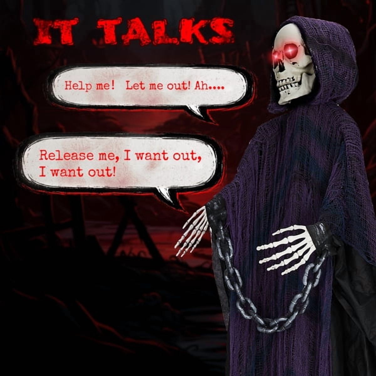 Alvantor Halloween Animated Decorations - 6 FT Sound-Activated Animatronic Grim Reaper with Chain, Moving Head and Hands, Red LED Eyes