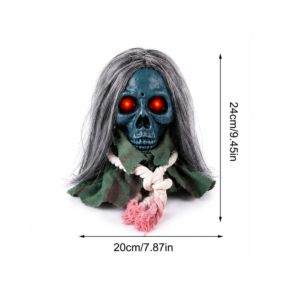 Animated Walking Skull Head with Light-Up Red Eyes Creepy Moving Halloween Prop with Long Grey Hair Horror Music Motorized Resin Decoration for Party Yard Indoor Outdoor Spooky Decor Gift