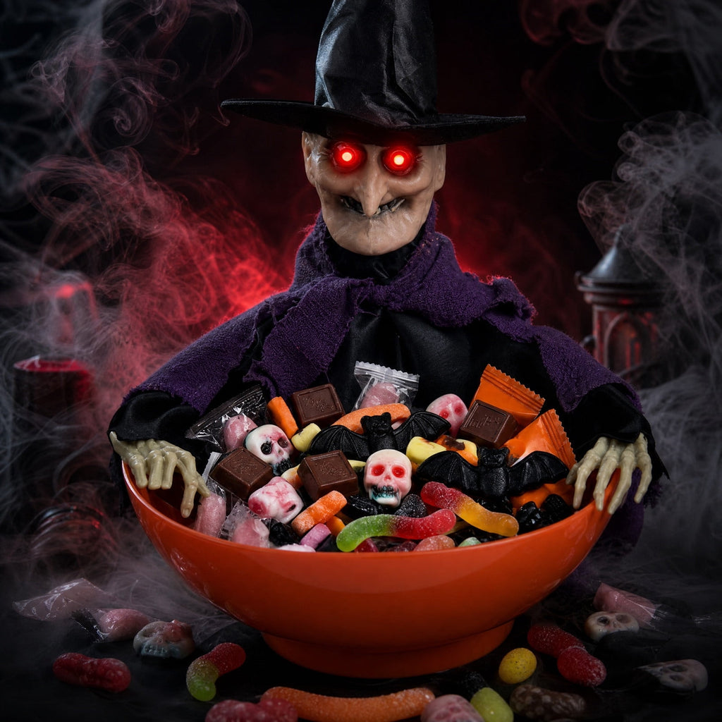 Halloween Animated Witch Candy Bowl Motion Sensor Activated Spooky Candy Holder with Glowing Red Eyes Scary Sounds for Halloween Home Decor