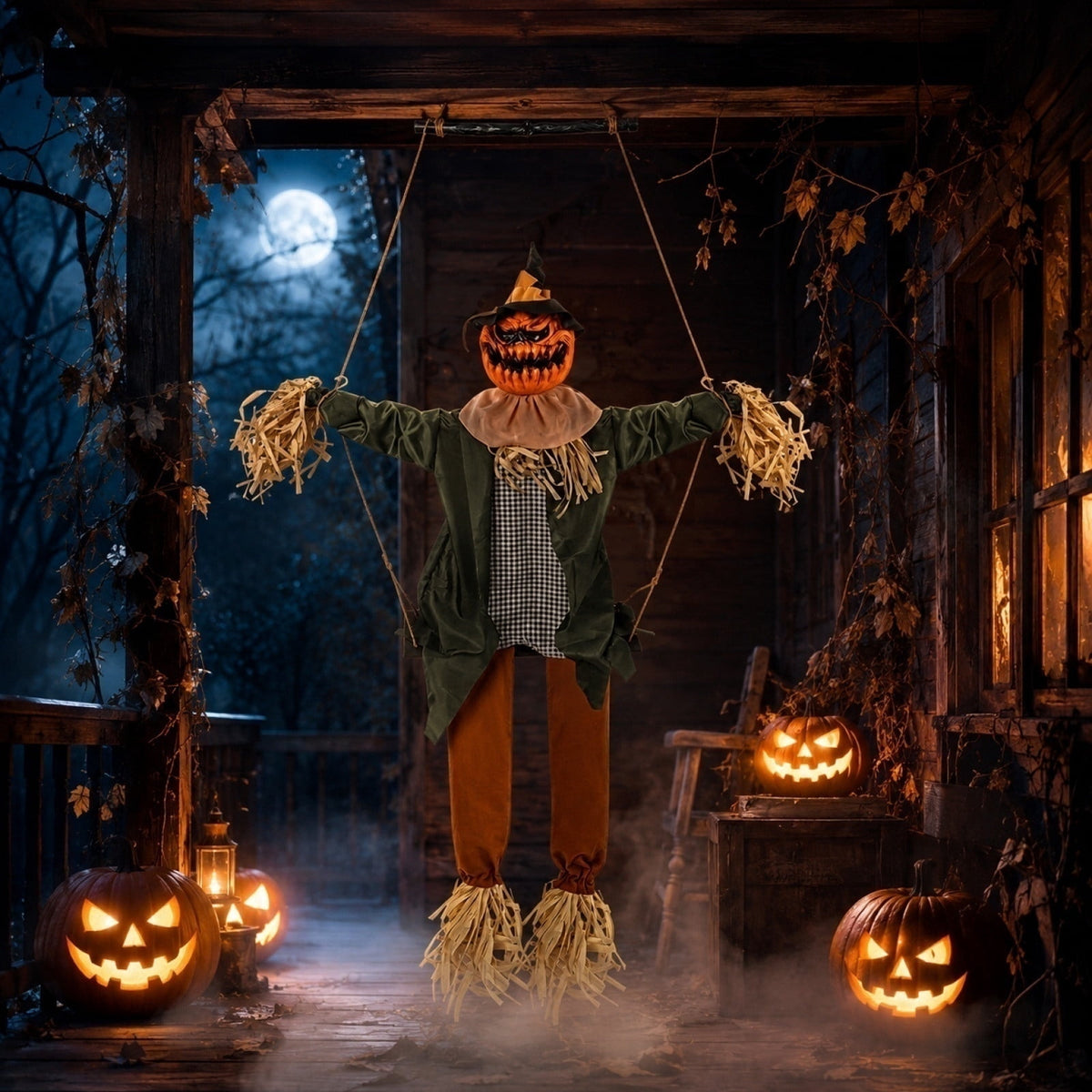 Hanging Halloween Pumpkin Decoration – Motion Sensor Animated Swinging Prop with Light Up Eyes, Spooky Sounds & Scary Movement for Yard, Lawn, Porch or Party