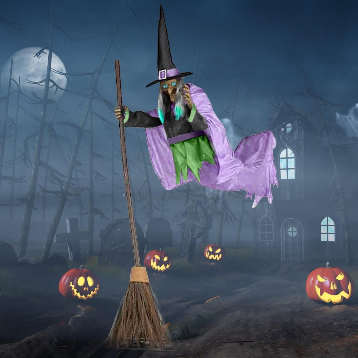 Animated Flying Witch Prop 70.86" - Light Up Sound Halloween Decoration with Broomstick for Indoor Outdoor Green
