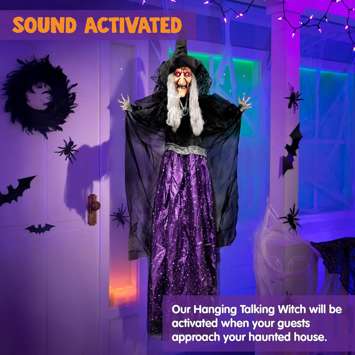 Joyfy 6ft Halloween Witch Decoration,Outdoor Scary Halloween Animatronic Hanging Witch with Light Up Eyes and Sound Decoration for Halloween Outdoor