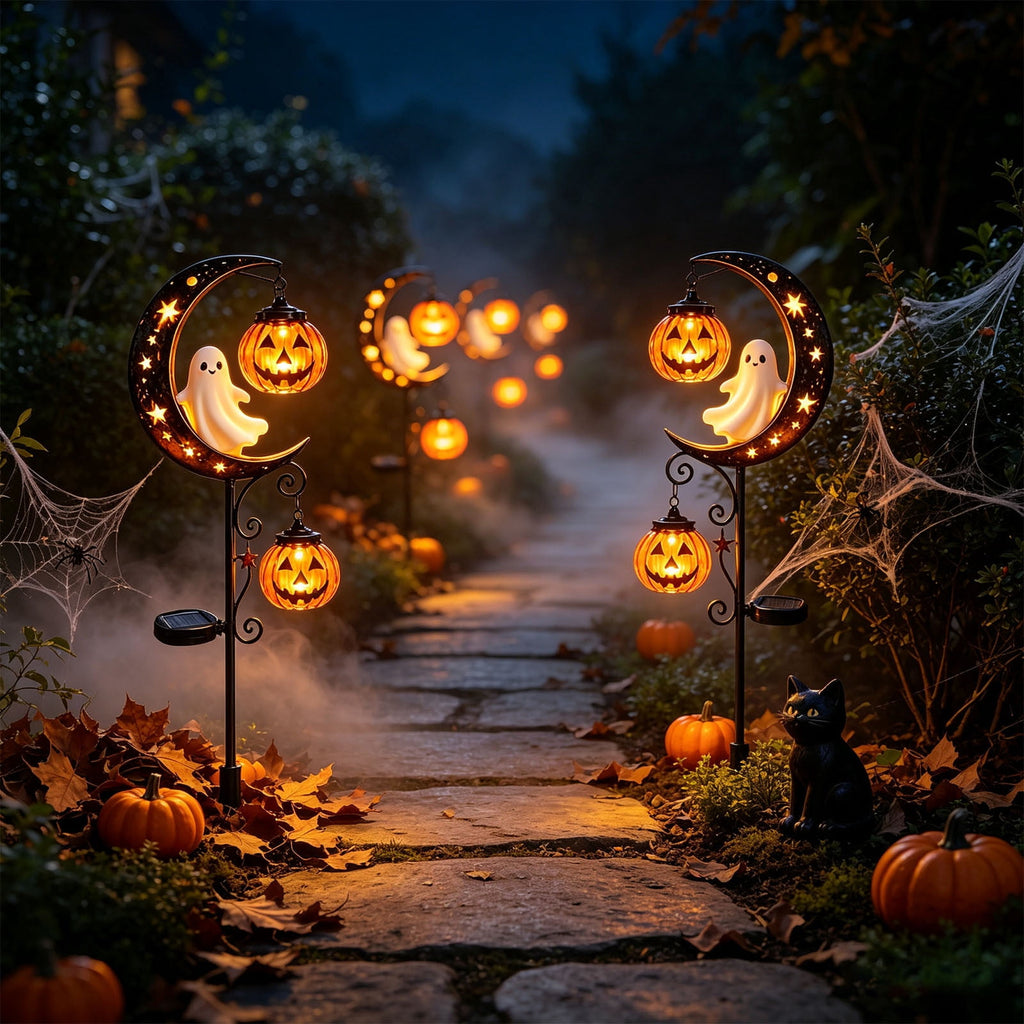 Solar Halloween Metal Moon Black Cat Garden Stake with LED Pumpkin Lantern, Light Up Star Bat Yard Decor Stake, Spooky Outdoor Lawn Pathway Halloween Decoration