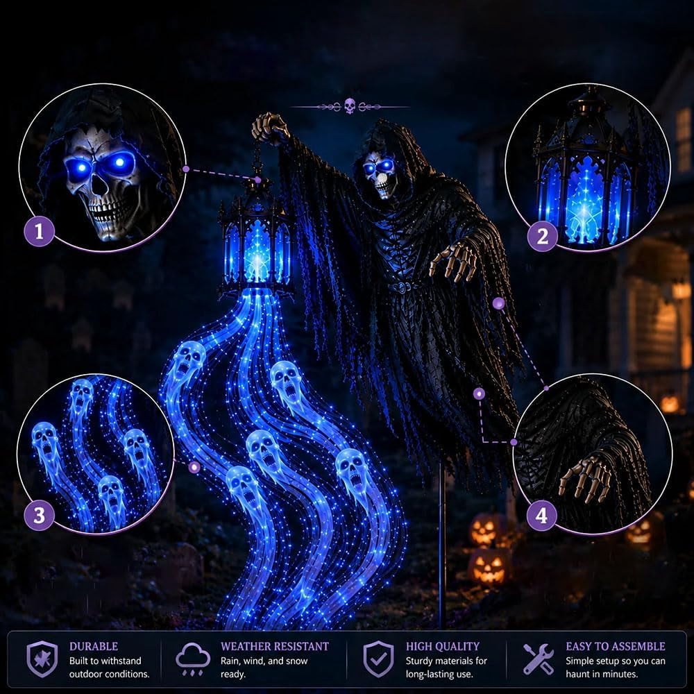 Halloween Grim Reaper Solar Garden Light, Animated Skeleton Yard Stake with Glowing Blue Ghost Streamer & Lantern, Halloween Outdoor Decorations for Front Yard & Walkway