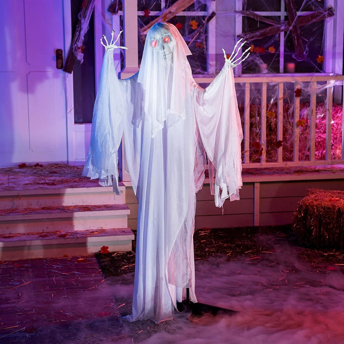 Joyfy 67"(5.6ft) Standing Ghost Large Halloween Decorations Outdoor, Sound-Actived Skeleton with Glowing Eyes & Creepy Sound, Scary Halloween Life Size Animatronics, Haunted House Props for Yard Lawn