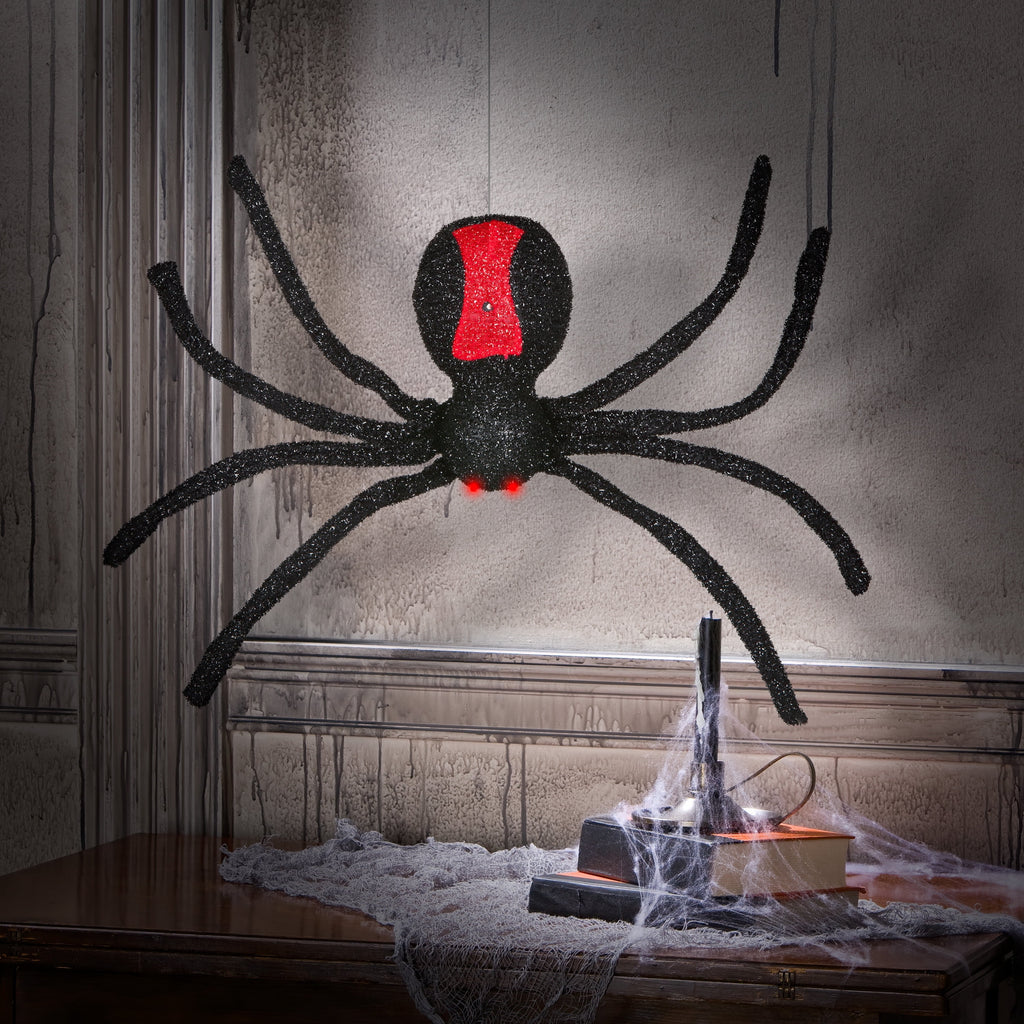 Light-Up Animated Dropping Tinsel Spider Decoration, Black and Red, 2', Halloween by Way To Celebrate