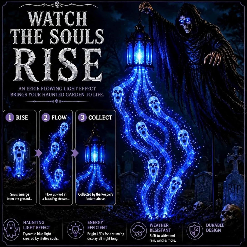 Halloween Soul Harvester Animated Solar Garden Stake Light, Outdoor Decors Flowing Blue Ghost Effect With Glowing Reaper Eyes And Lantern For Front Yard, Pathway, Porch Entrance And Graveyard Display