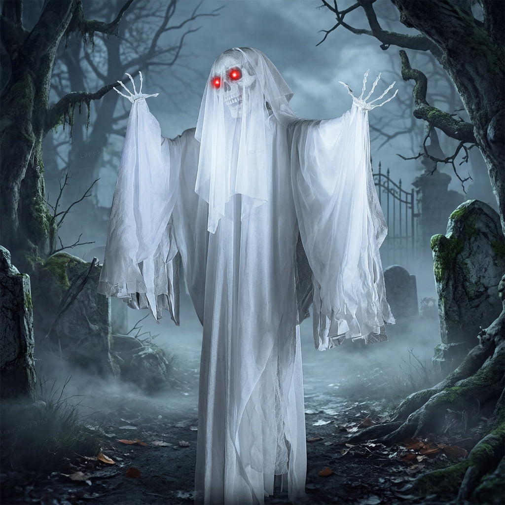 Joyfy 67"(5.6ft) Standing Grim Reaper with Chain, Large Halloween Decorations Outdoor, Life Size Animatronics Skelton, Sound-Actived Party Decor with Creepy Sound & LED Eyes, Scary Haunted House Prop