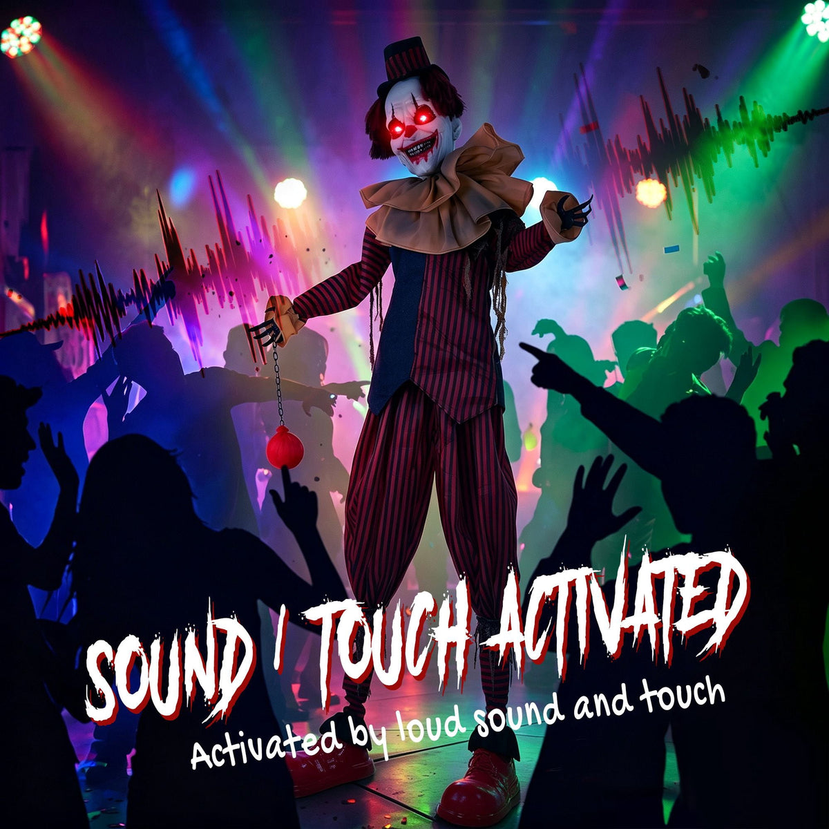 Halloween Decoration Animated Clown, 94.5-Inch Sound and Touch Activated Prop with Red LED Eyes and Moving Arms for Indoor or Covered Outdoor Use