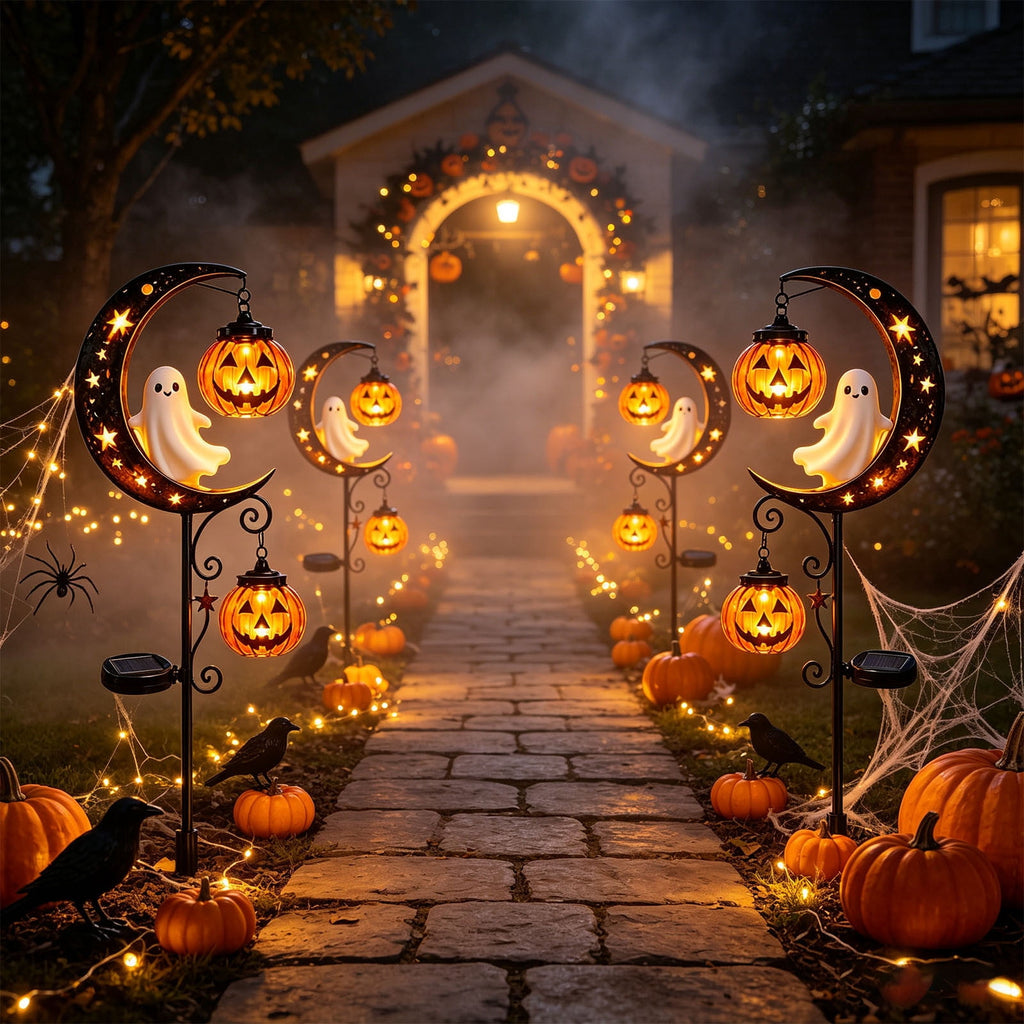 Solar Halloween Metal Moon Black Cat Garden Stake with LED Pumpkin Lantern, Light Up Star Bat Yard Decor Stake, Spooky Outdoor Lawn Pathway Halloween Decoration