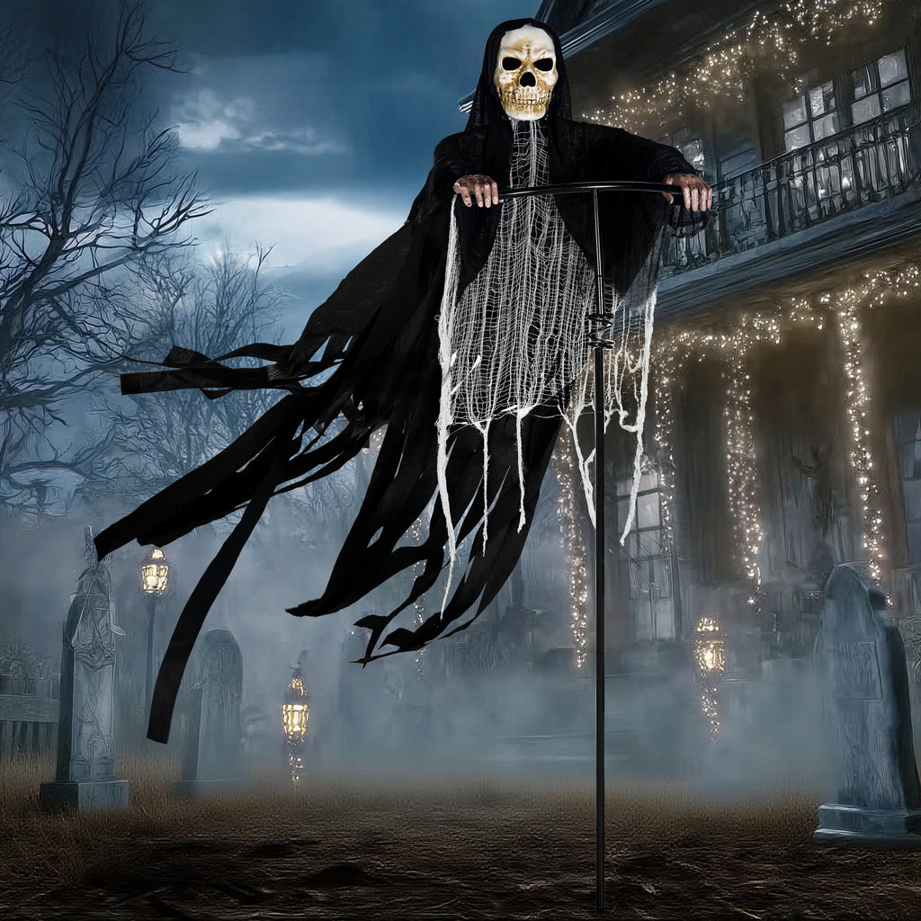 Joyfy 67"(5.6ft) Standing Grim Reaper with Chain, Large Halloween Decorations Outdoor, Life Size Animatronics Skelton, Sound-Actived Party Decor with Creepy Sound & LED Eyes, Scary Haunted House Prop