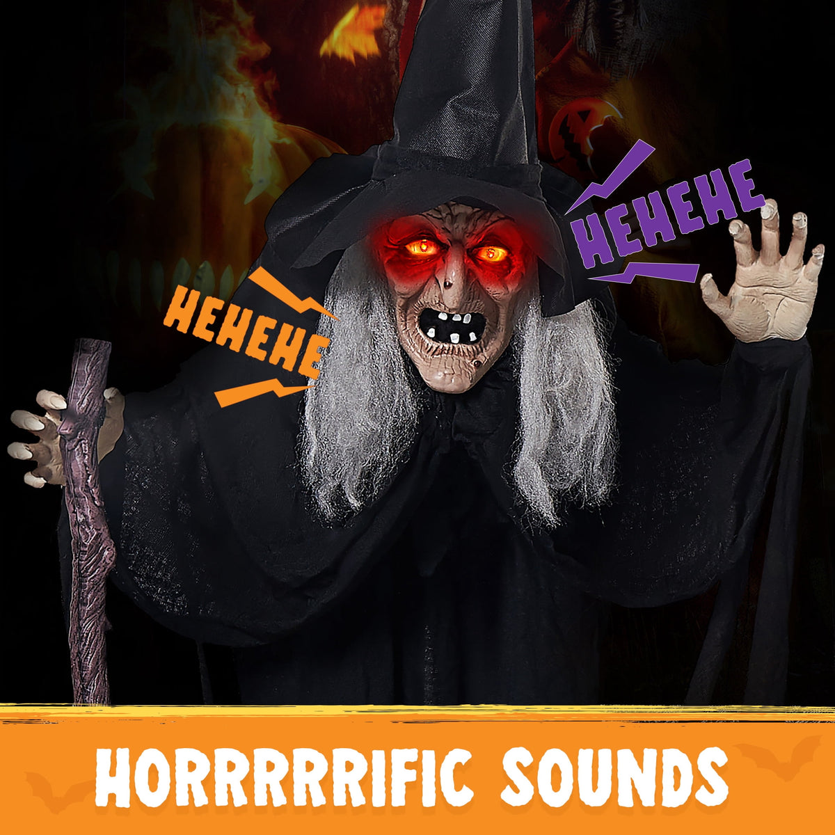 Joyfy 62"(5.17ft) Halloween Standing Hunchback Witch with Light, Animatronics Large Halloween Decorations Outdoor, Radar Motion Activated with Creepy Sound & Eyes and Moving Head for Yard Decor