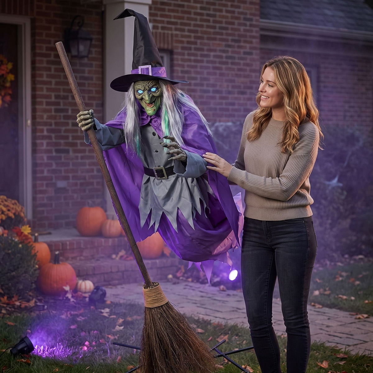 Voglyf Halloween Decorations Outdoor - 5.9 Ft Animated Hovering Witch Animatronics, Prop with Sound & Touch Activated Sensor - Spooky Scary Decor for Home Outside Garden Yard Lawn