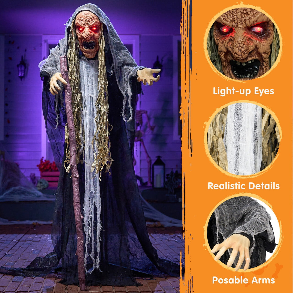 Joyfy 62"(5.17ft) Halloween Standing Hunchback Witch with Light, Animatronics Large Halloween Decorations Outdoor, Radar Motion Activated with Creepy Sound & Eyes and Moving Head for Yard Decor