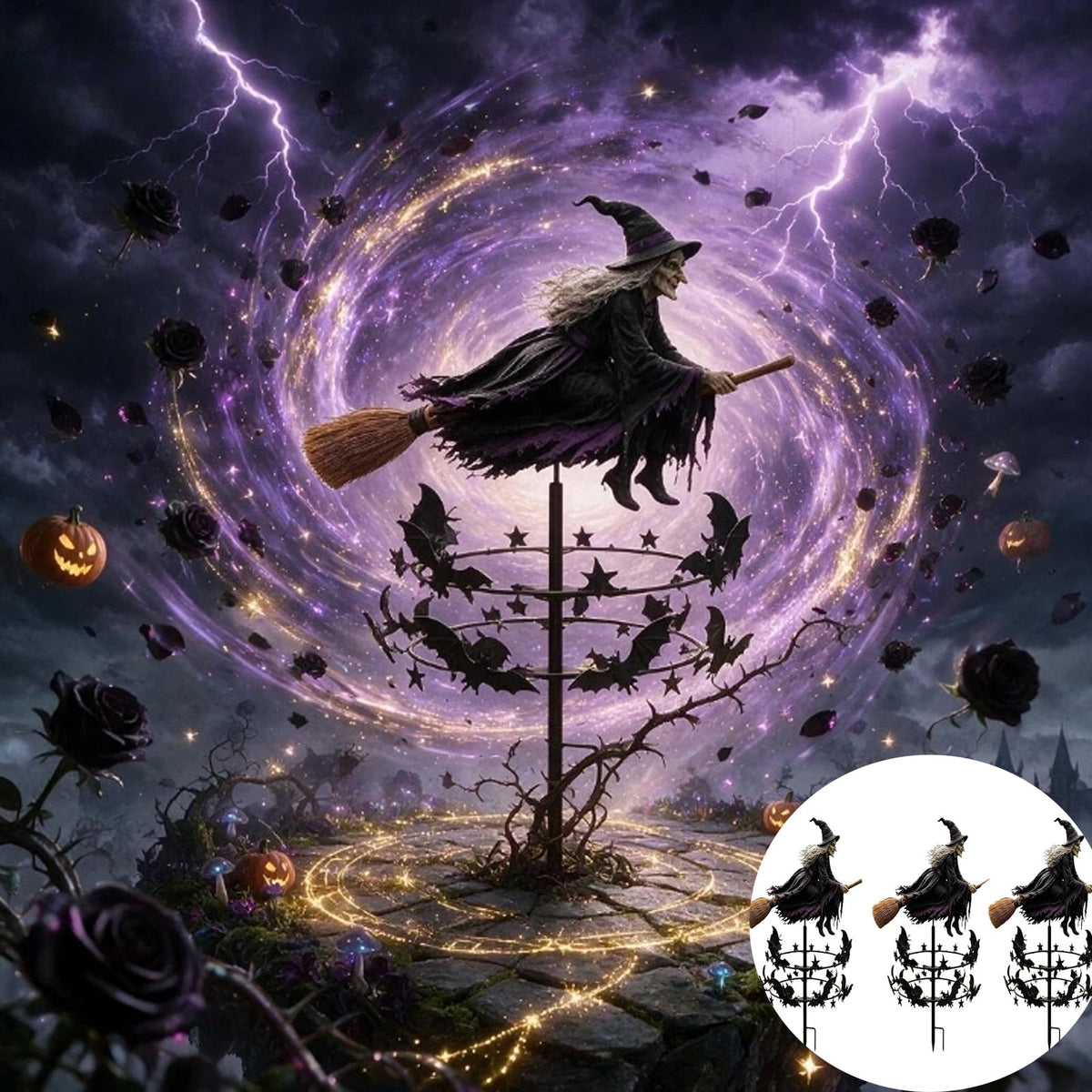 The Enchanted Witch Garden Wind Spinner, Halloween Garden Stake Decoration with Witch & Bat, for Garden, Patio, Pathway Decoration, 1pc